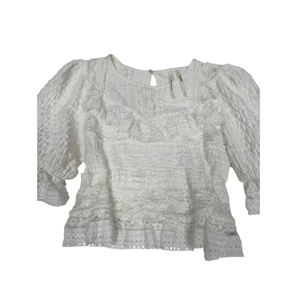 Anthropologie White Lace Puff Sleeve Smocked Ruffle Blouse Top XS